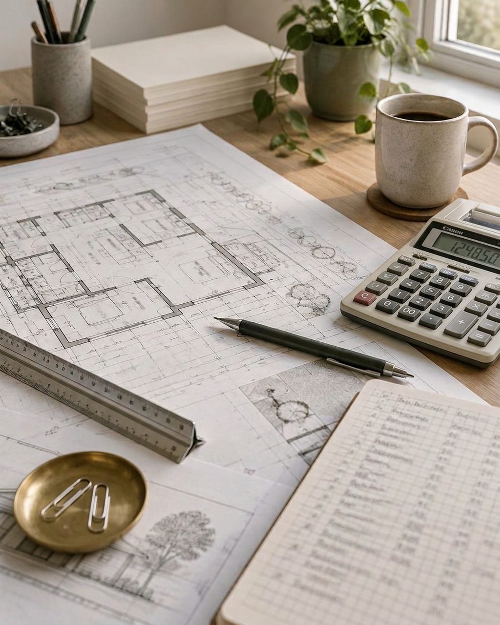 Floor plans, a scale ruler, a calculator and a handwritten quantity schedule on a desk