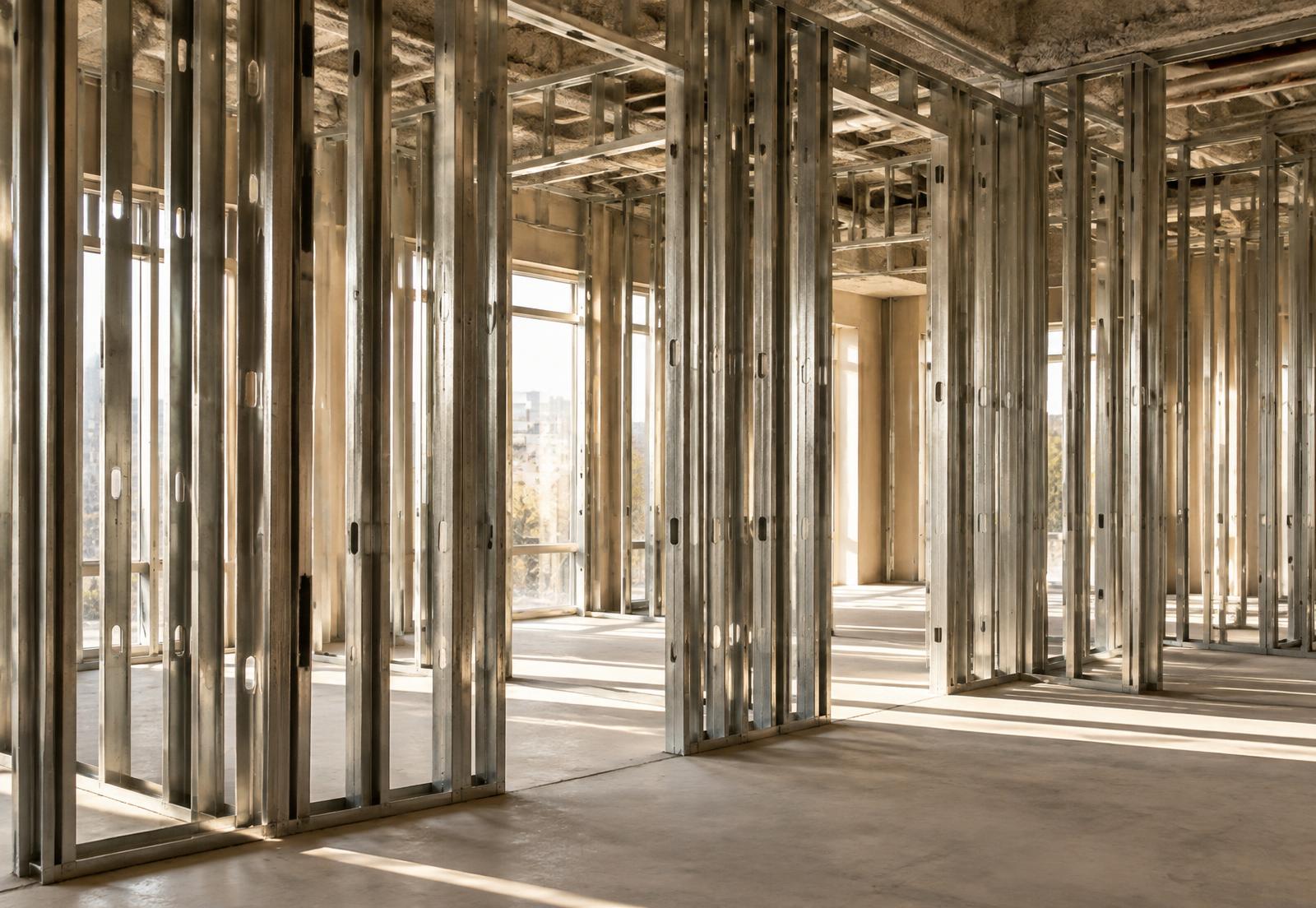 Interior steel stud framing in an unfinished space lit by daylight